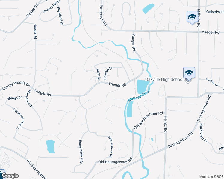 map of restaurants, bars, coffee shops, grocery stores, and more near 3590 Yaeger Road in St. Louis
