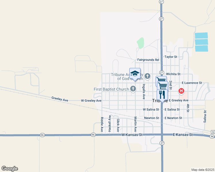map of restaurants, bars, coffee shops, grocery stores, and more near 700-724 Haskell Avenue in Tribune