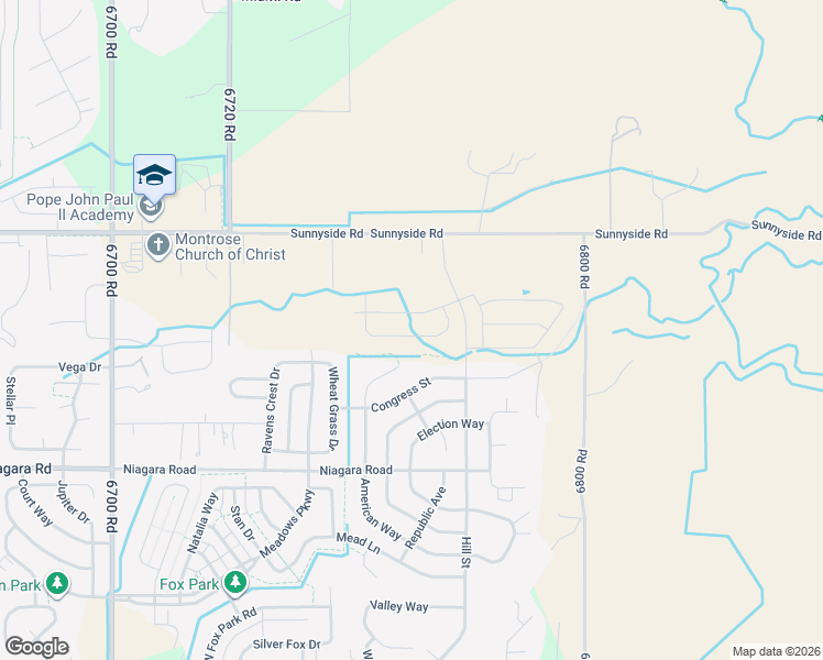 map of restaurants, bars, coffee shops, grocery stores, and more near 1516 American Way in Montrose