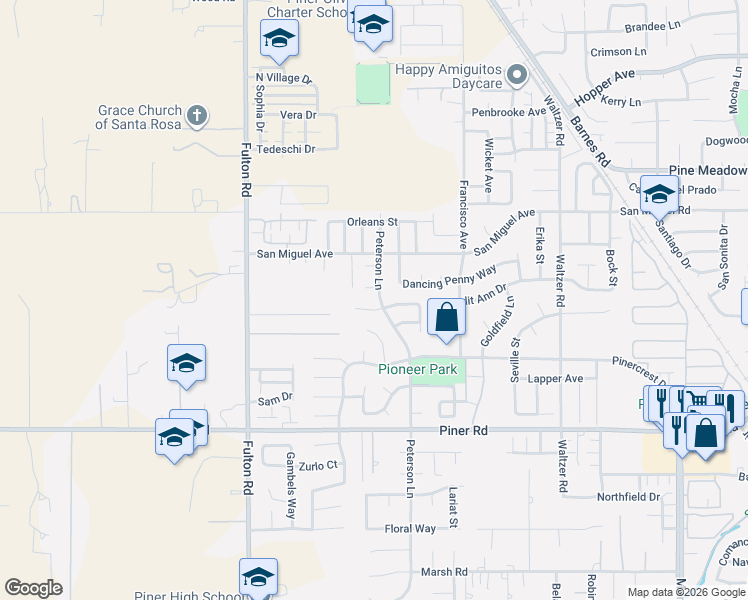 map of restaurants, bars, coffee shops, grocery stores, and more near 2117 Peterson Lane in Santa Rosa
