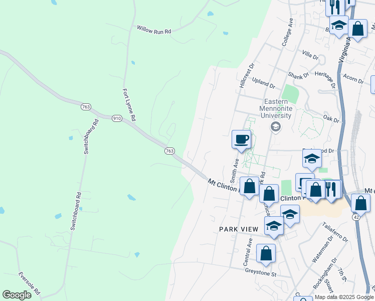 map of restaurants, bars, coffee shops, grocery stores, and more near 1115 Lincolnshire Drive in Harrisonburg