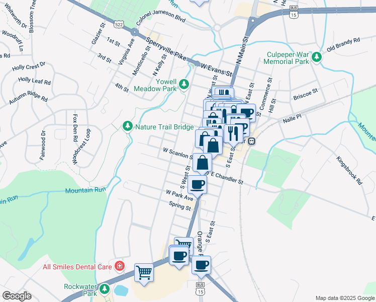 map of restaurants, bars, coffee shops, grocery stores, and more near 318 South West Street in Culpeper
