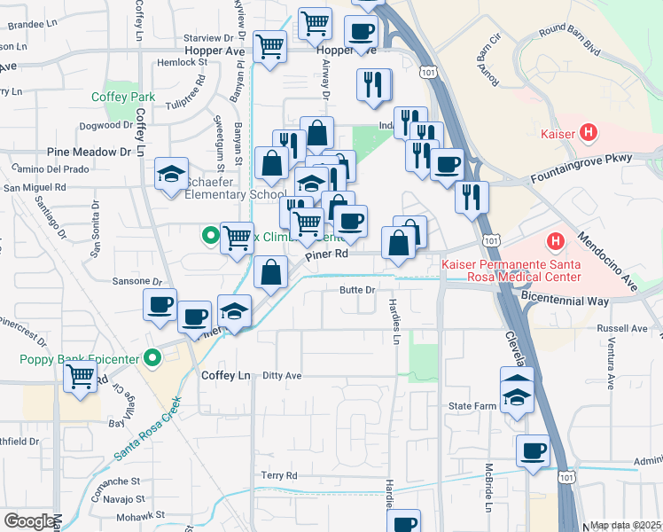 map of restaurants, bars, coffee shops, grocery stores, and more near 994 Piner Road in Santa Rosa