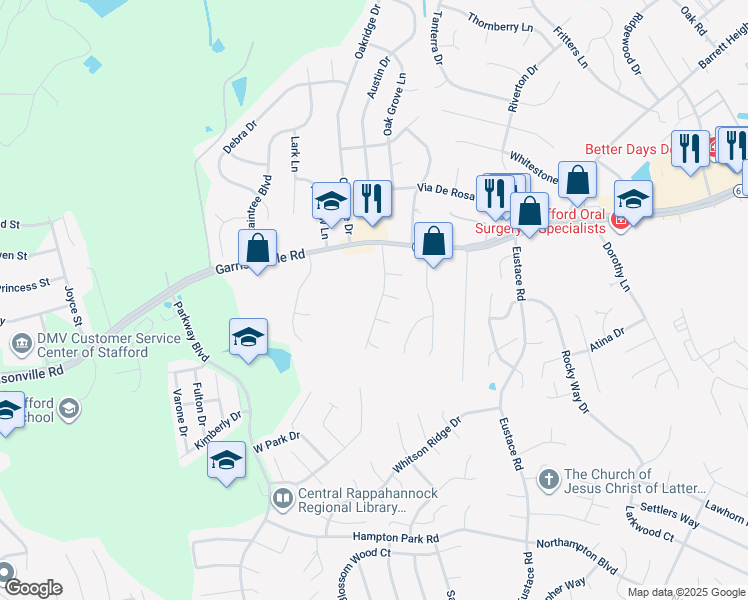 map of restaurants, bars, coffee shops, grocery stores, and more near 16 Novak Drive in Stafford