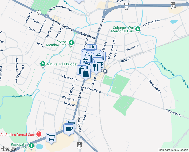map of restaurants, bars, coffee shops, grocery stores, and more near 314 South East Street in Culpeper