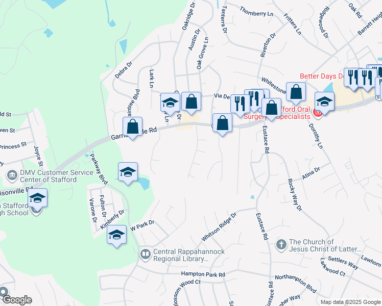 map of restaurants, bars, coffee shops, grocery stores, and more near 16 Novak Drive in Stafford