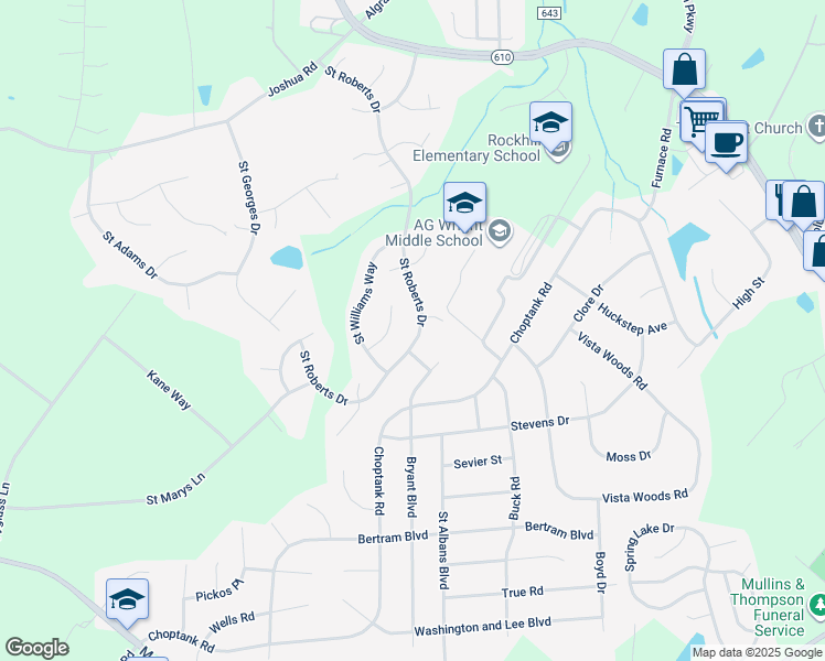 map of restaurants, bars, coffee shops, grocery stores, and more near 72 Saint Roberts Drive in Stafford