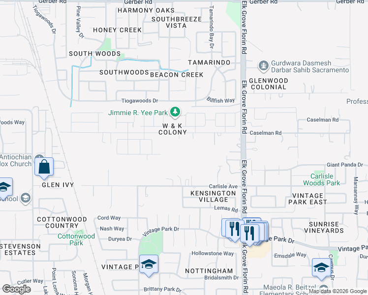map of restaurants, bars, coffee shops, grocery stores, and more near 8798 Caselman Road in Sacramento