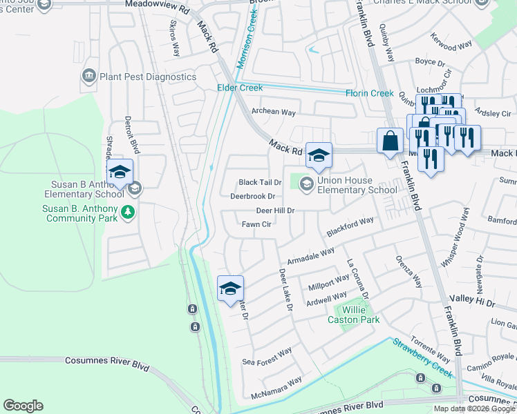 map of restaurants, bars, coffee shops, grocery stores, and more near 4050 Deerbrook Drive in Sacramento