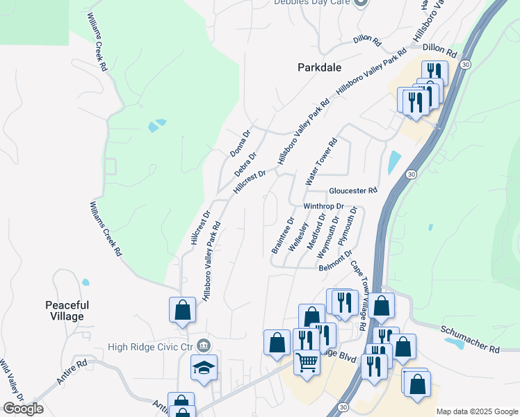 map of restaurants, bars, coffee shops, grocery stores, and more near 2528 Somerville Drive in High Ridge