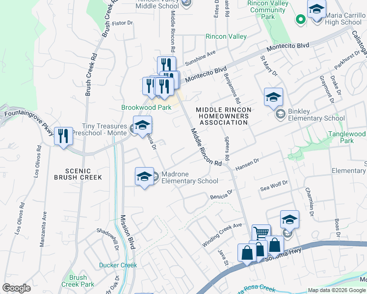 map of restaurants, bars, coffee shops, grocery stores, and more near 4733 Rinconada Drive in Santa Rosa
