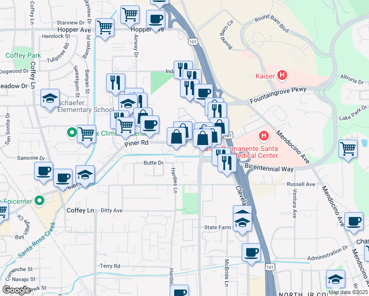 map of restaurants, bars, coffee shops, grocery stores, and more near 860 Piner Road in Santa Rosa