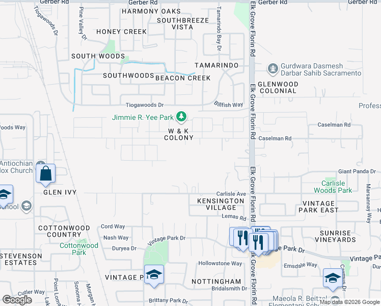 map of restaurants, bars, coffee shops, grocery stores, and more near 8798 Caselman Road in Sacramento