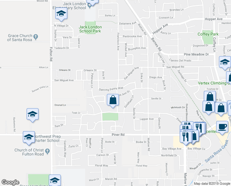 map of restaurants, bars, coffee shops, grocery stores, and more near 2239 Sunlit Ann Drive in Santa Rosa