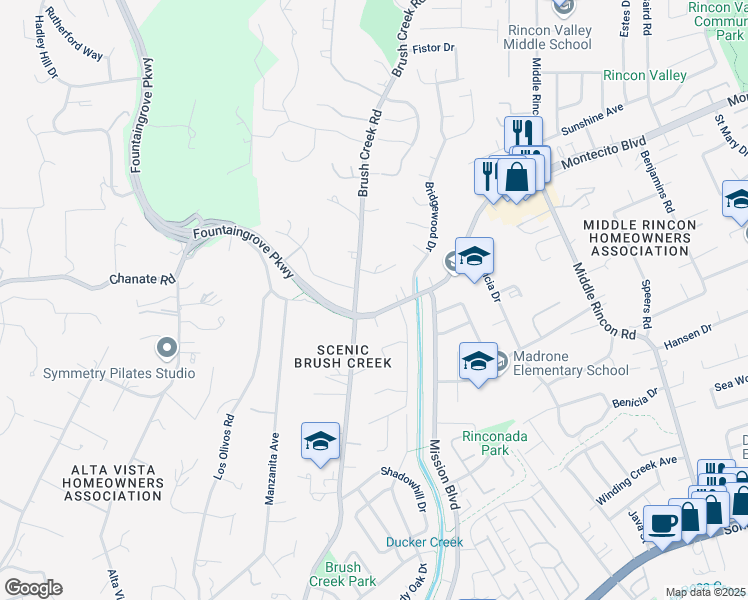 map of restaurants, bars, coffee shops, grocery stores, and more near 5935 Montecito Boulevard in Santa Rosa