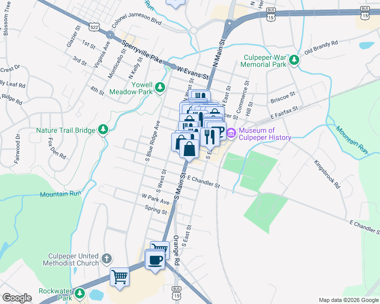map of restaurants, bars, coffee shops, grocery stores, and more near 115 East Locust Street in Culpeper