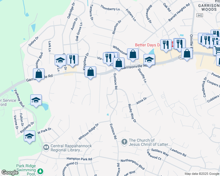 map of restaurants, bars, coffee shops, grocery stores, and more near 604 Cabin Court in Stafford