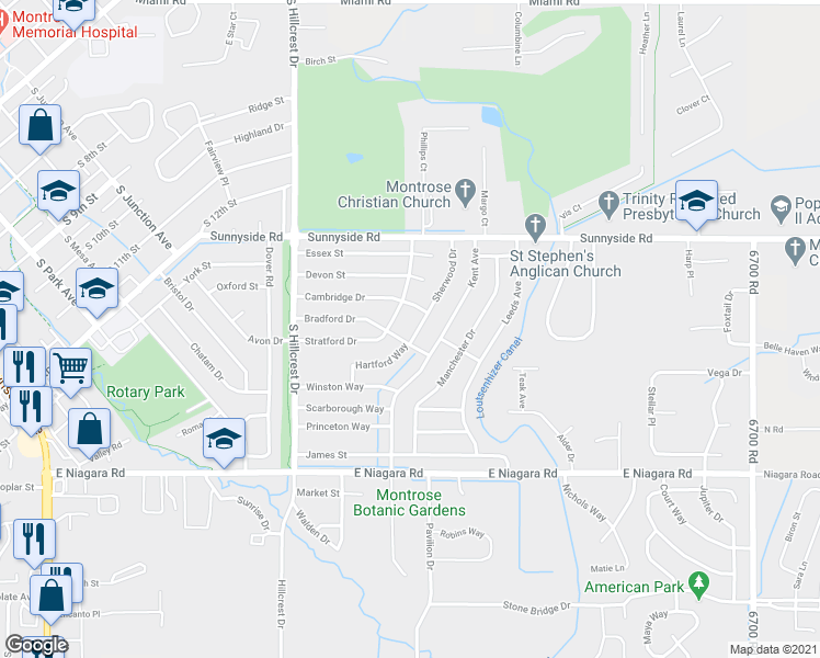 map of restaurants, bars, coffee shops, grocery stores, and more near 1412 Sherwood Drive in Montrose
