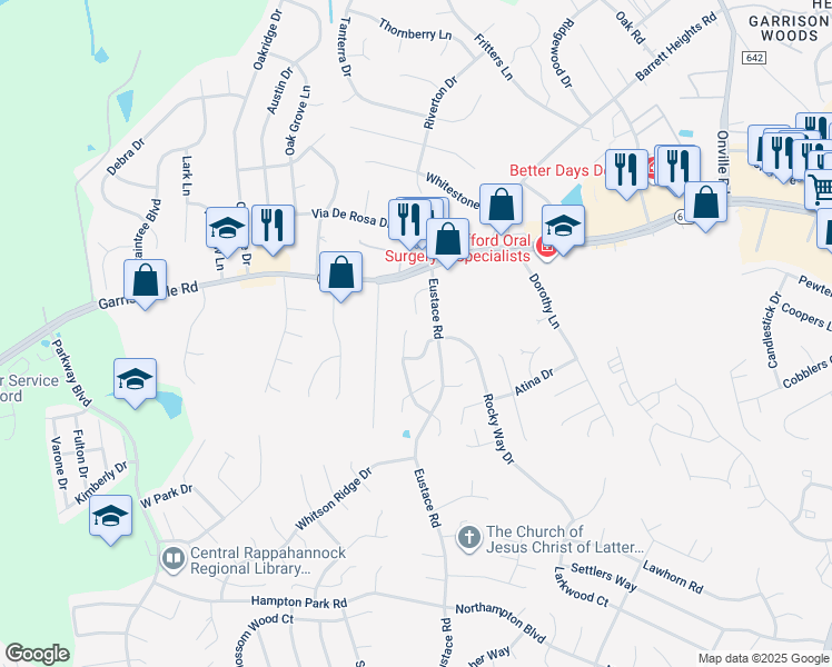 map of restaurants, bars, coffee shops, grocery stores, and more near 606 Cabin Court in Stafford