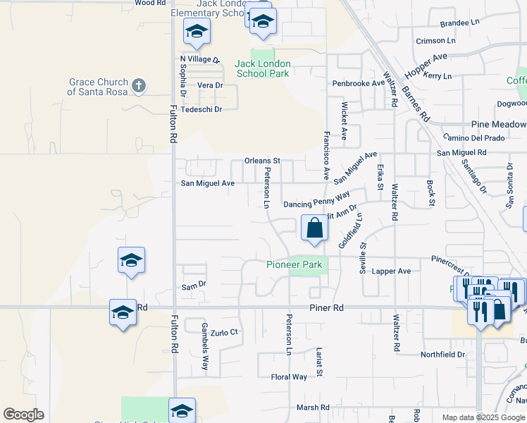 map of restaurants, bars, coffee shops, grocery stores, and more near 2202 Springwood Court in Santa Rosa