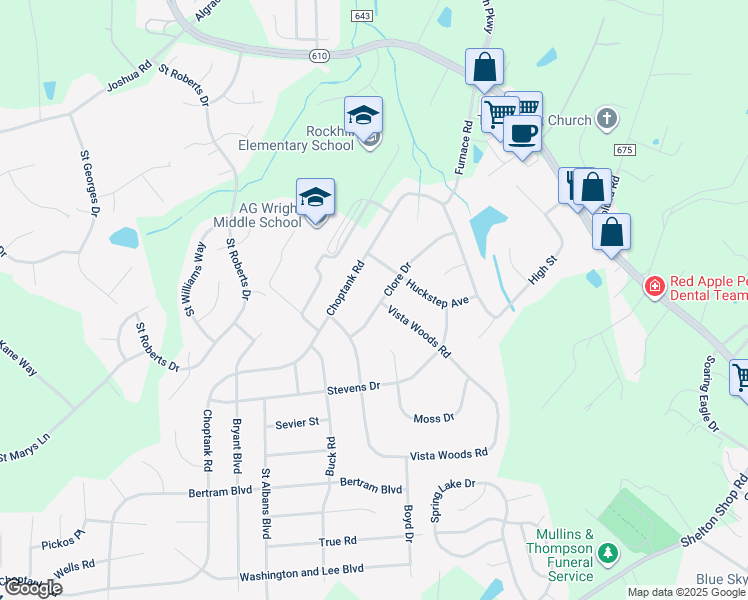 map of restaurants, bars, coffee shops, grocery stores, and more near 121 Clore Drive in Stafford