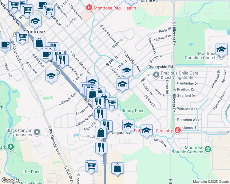 map of restaurants, bars, coffee shops, grocery stores, and more near 1102 South Park Avenue in Montrose