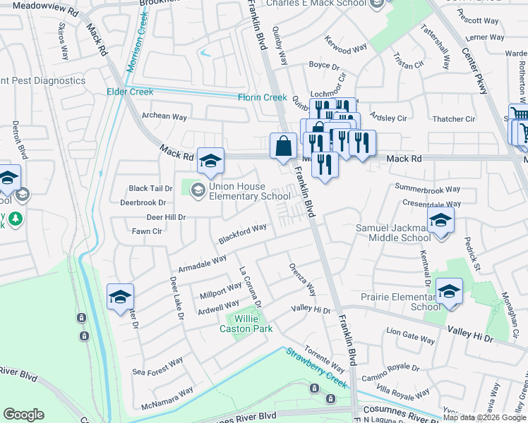 map of restaurants, bars, coffee shops, grocery stores, and more near 7958 Deer Creek Drive in Sacramento