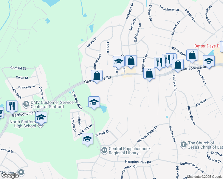 map of restaurants, bars, coffee shops, grocery stores, and more near 23 Meadowood Drive in Stafford