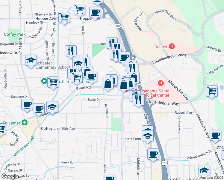 map of restaurants, bars, coffee shops, grocery stores, and more near 860 Piner Road in Santa Rosa