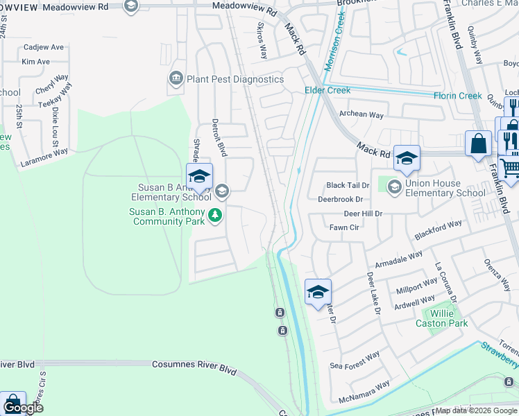 map of restaurants, bars, coffee shops, grocery stores, and more near 7879 Ann Arbor Way in Sacramento