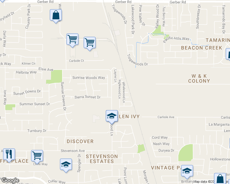 map of restaurants, bars, coffee shops, grocery stores, and more near 7865 Cottonwood Lane in Sacramento