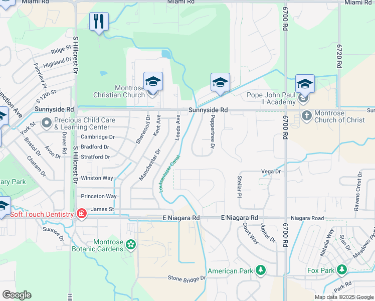 map of restaurants, bars, coffee shops, grocery stores, and more near 1254 Peppertree Drive in Montrose