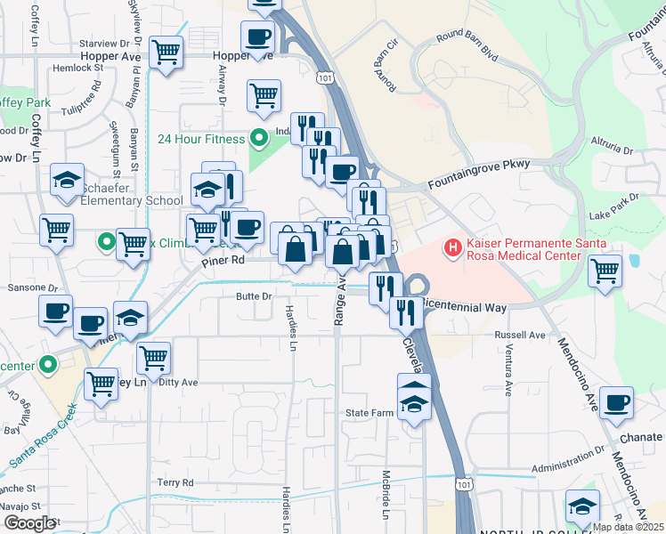 map of restaurants, bars, coffee shops, grocery stores, and more near 810 Piner Road in Santa Rosa