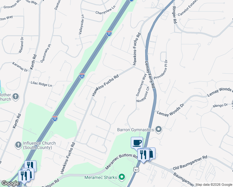 map of restaurants, bars, coffee shops, grocery stores, and more near 5912 Hawkins-Fuchs Road in St. Louis
