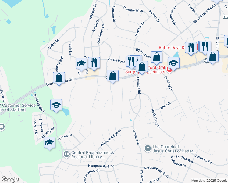 map of restaurants, bars, coffee shops, grocery stores, and more near 53 Berkshire Drive in Stafford