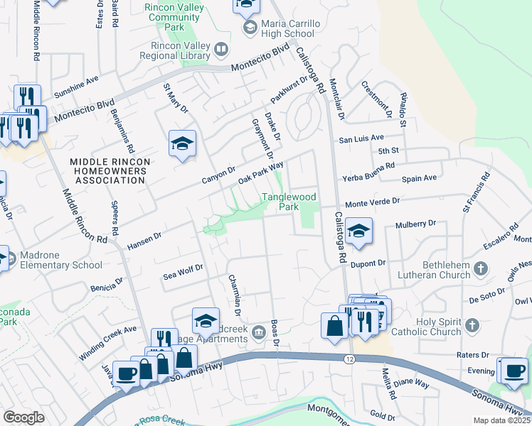 map of restaurants, bars, coffee shops, grocery stores, and more near 5109 Tunisia Avenue in Santa Rosa