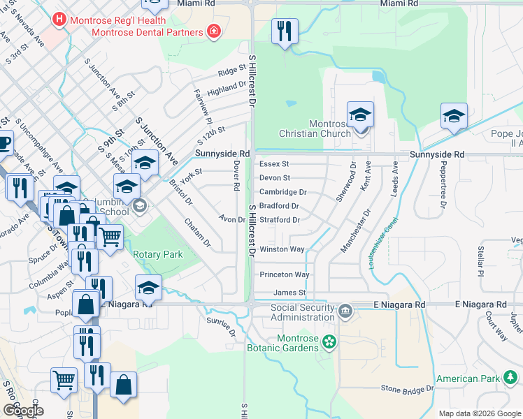 map of restaurants, bars, coffee shops, grocery stores, and more near 2012 Bradford Drive in Montrose