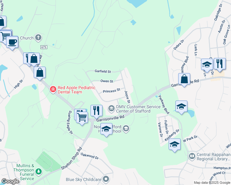 map of restaurants, bars, coffee shops, grocery stores, and more near 9 Princess Street in Stafford