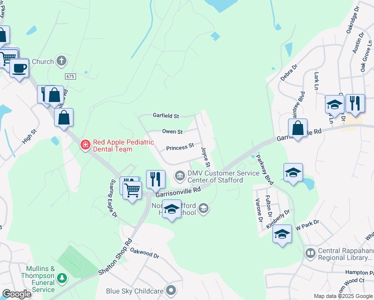 map of restaurants, bars, coffee shops, grocery stores, and more near 9 Princess Street in Stafford