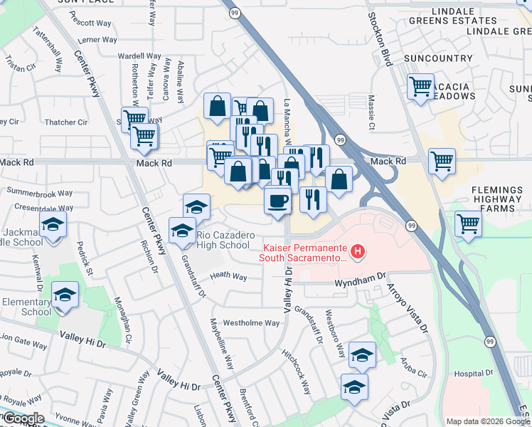 map of restaurants, bars, coffee shops, grocery stores, and more near 6653 Valley Hi Drive in Sacramento