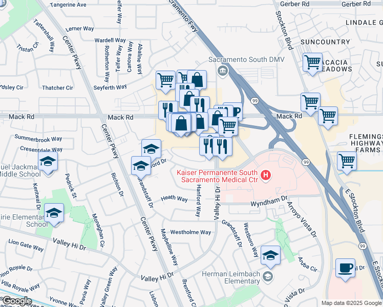 map of restaurants, bars, coffee shops, grocery stores, and more near 6634 Valley Hi Drive in Sacramento