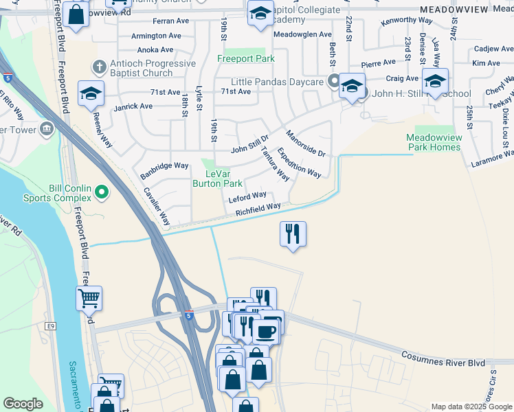 map of restaurants, bars, coffee shops, grocery stores, and more near 1963 Richfield Way in Sacramento