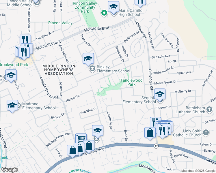 map of restaurants, bars, coffee shops, grocery stores, and more near 409 Saint Mary Place in Santa Rosa