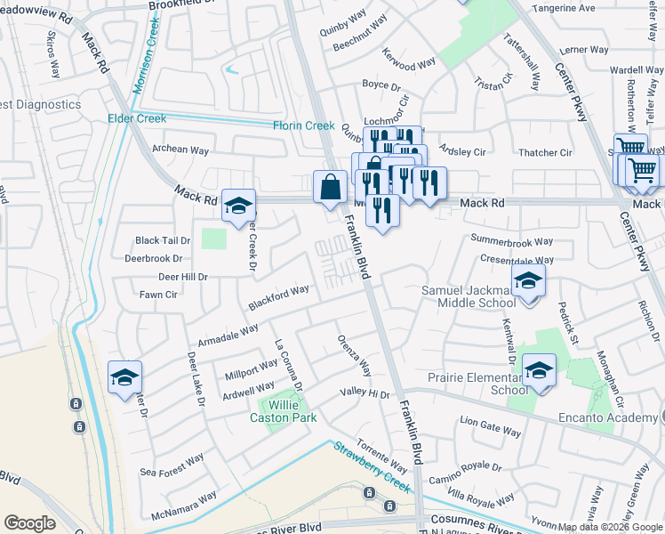 map of restaurants, bars, coffee shops, grocery stores, and more near 4520 Gironella Walk in Sacramento