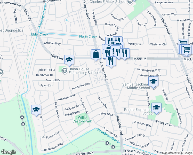 map of restaurants, bars, coffee shops, grocery stores, and more near 4520 Gironella Walk in Sacramento