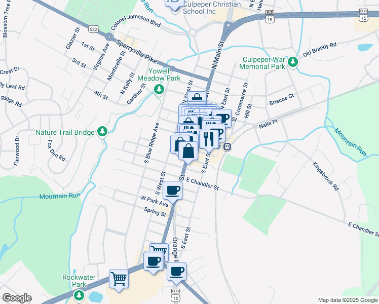 map of restaurants, bars, coffee shops, grocery stores, and more near 303 South Main Street in Culpeper