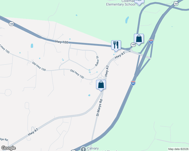 map of restaurants, bars, coffee shops, grocery stores, and more near 100 Old Highway 100 in Villa Ridge