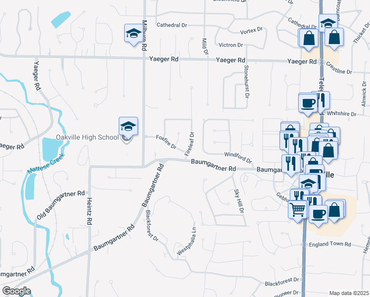 map of restaurants, bars, coffee shops, grocery stores, and more near 5530 Fireridge Court in St. Louis
