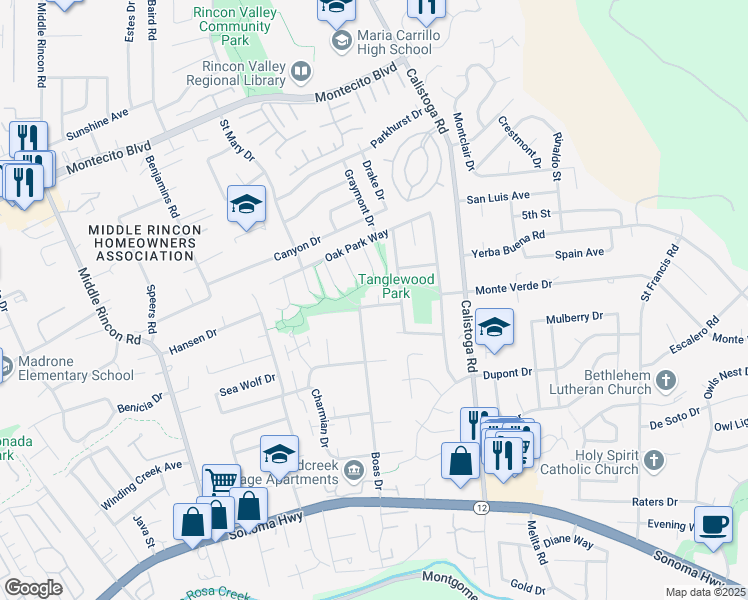 map of restaurants, bars, coffee shops, grocery stores, and more near 5109 Tunisia Avenue in Santa Rosa