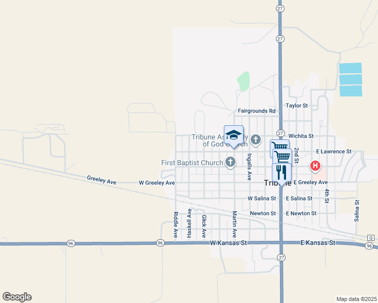 map of restaurants, bars, coffee shops, grocery stores, and more near 700 Haskell Avenue in Tribune
